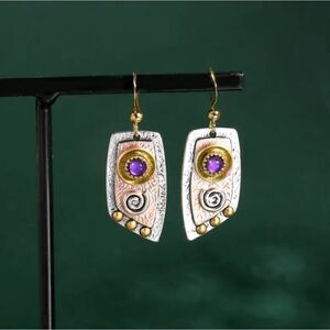Abstract tricolor earrings purple stone swirl design Plated jewelry
